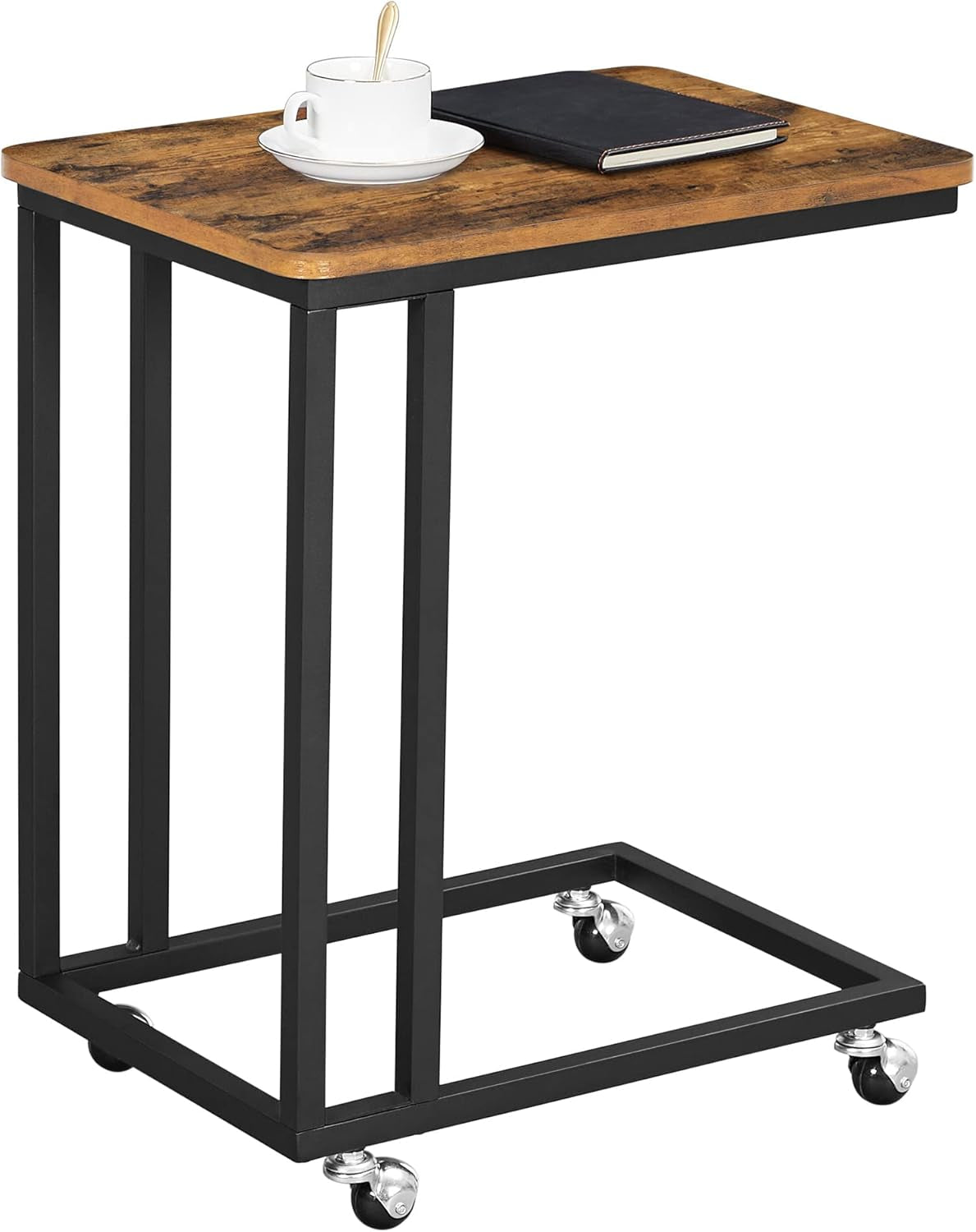 End Table, C Shaped TV Tray with Metal Frame Rolling Casters, Industrial Side Table for Living Room Bedroom, 19.7 X 13.8 X 23.6 Inches, Rustic Brown and Black