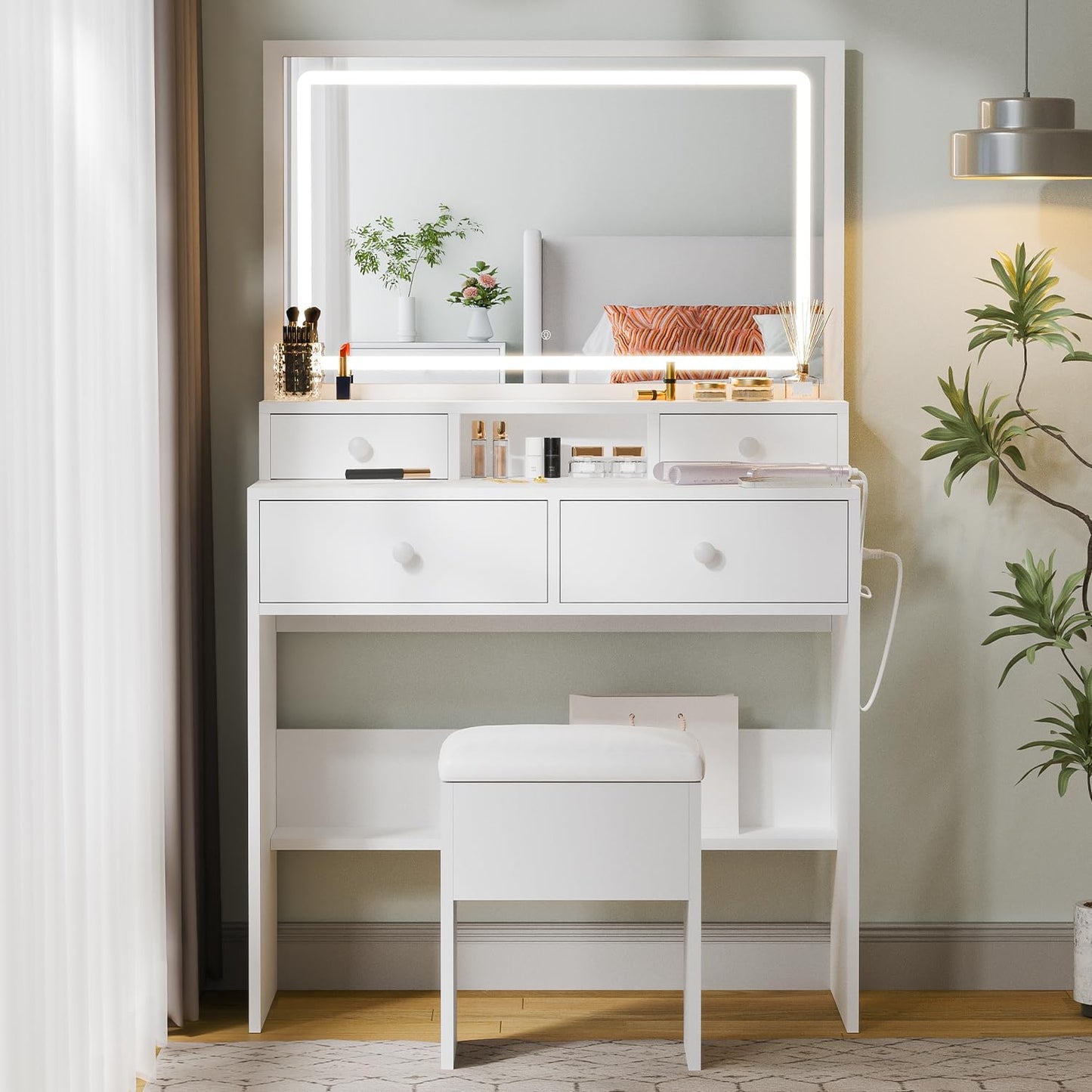 Vanity Desk with Mirror and LED Lights, White Makeup Vanity with Power Outlet, Storage Drawers and Chair, Dressing Table Set for Bedroom Dressing Room