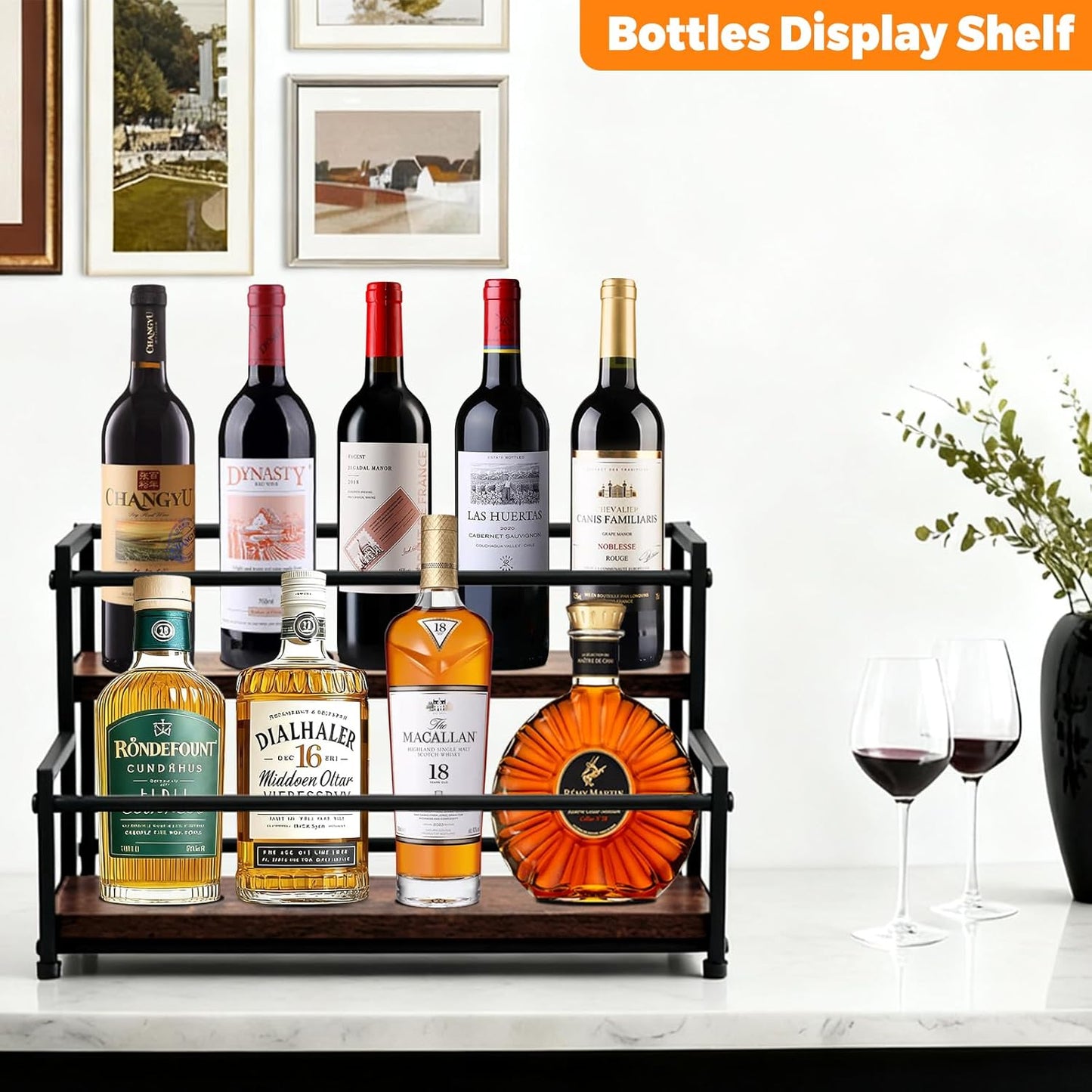 Coffee Syrup Rack Organizer - 2-Tier 10 Syrup Bottles Holder for Coffee Bar, Liquor Bottle Display Shelf - Rustic Kitchen Cabinet for Spices, Jars - Stepped Pantry Shelf for Syrup, Wine, Tea & Coffee