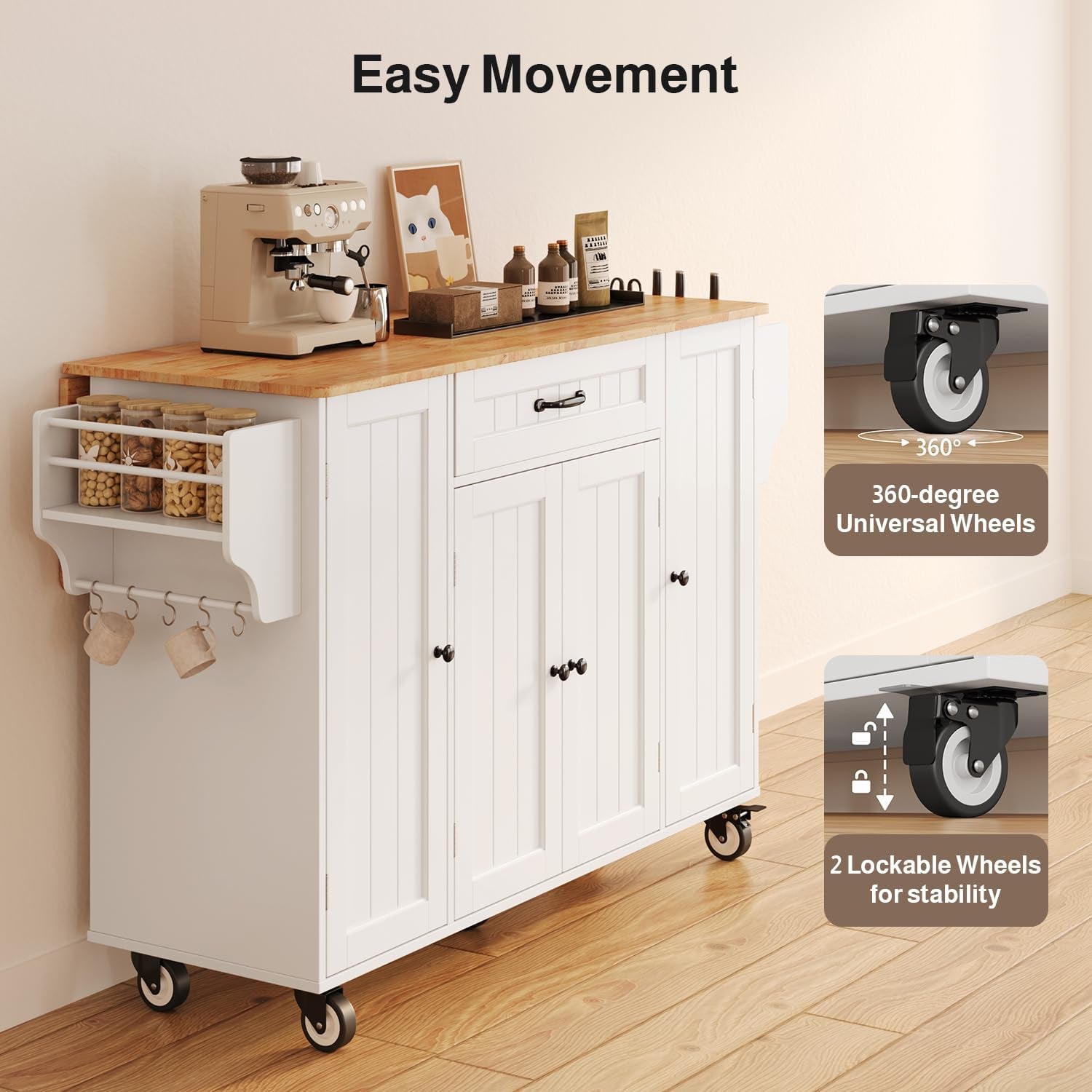 Kitchen Island with Storage, 47.6" Rolling Kitchen Island on Wheels with Drop Leaf, Door Cabinet, Drawer, Spice Rack, Towel Rack and Knife Holder, Kitchen Cart Island Table for Kitchen, White