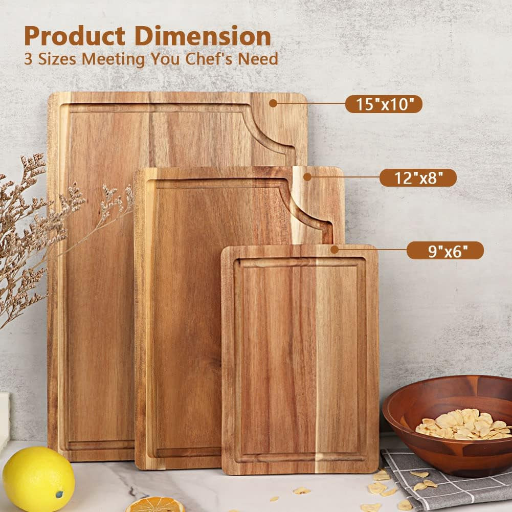 Acacia Wood Cutting Board Set with Juice Groove (3 Pieces), Organic Wooden Cutting Boards for Kitchen, Butcher Block Cutting Board for Meat, Vegetable, Wooden Chopping Board 15X10, 12X8, 9X6 Inch