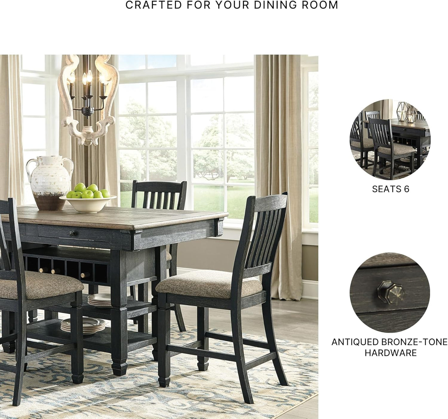 Tyler Creek Farmhouse 36"Counter Height Dining Table with Wine Rack, Amost Black