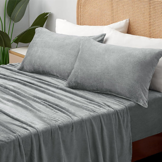 Fleece Sheets Queen Size Bed Set, Super Soft and Warm Fuzzy Plush Queen Sheet Set 4 Piece for Winter Gift & Decor , Includes 1 Deep Pocket Fitted Sheet, 1 Flat Sheet and 2 Pillowcases (Grey)