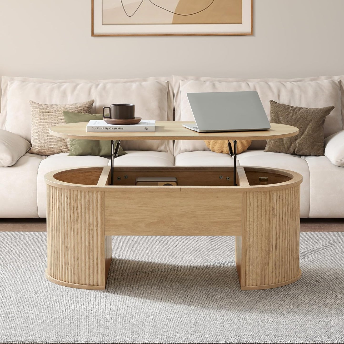 Lift Top Coffee Table, Fluted Coffee Table with Lifting Top, Wooden Lift up Dining Table with Hidden Compartment, Center Table for Living Room, Office - Oak