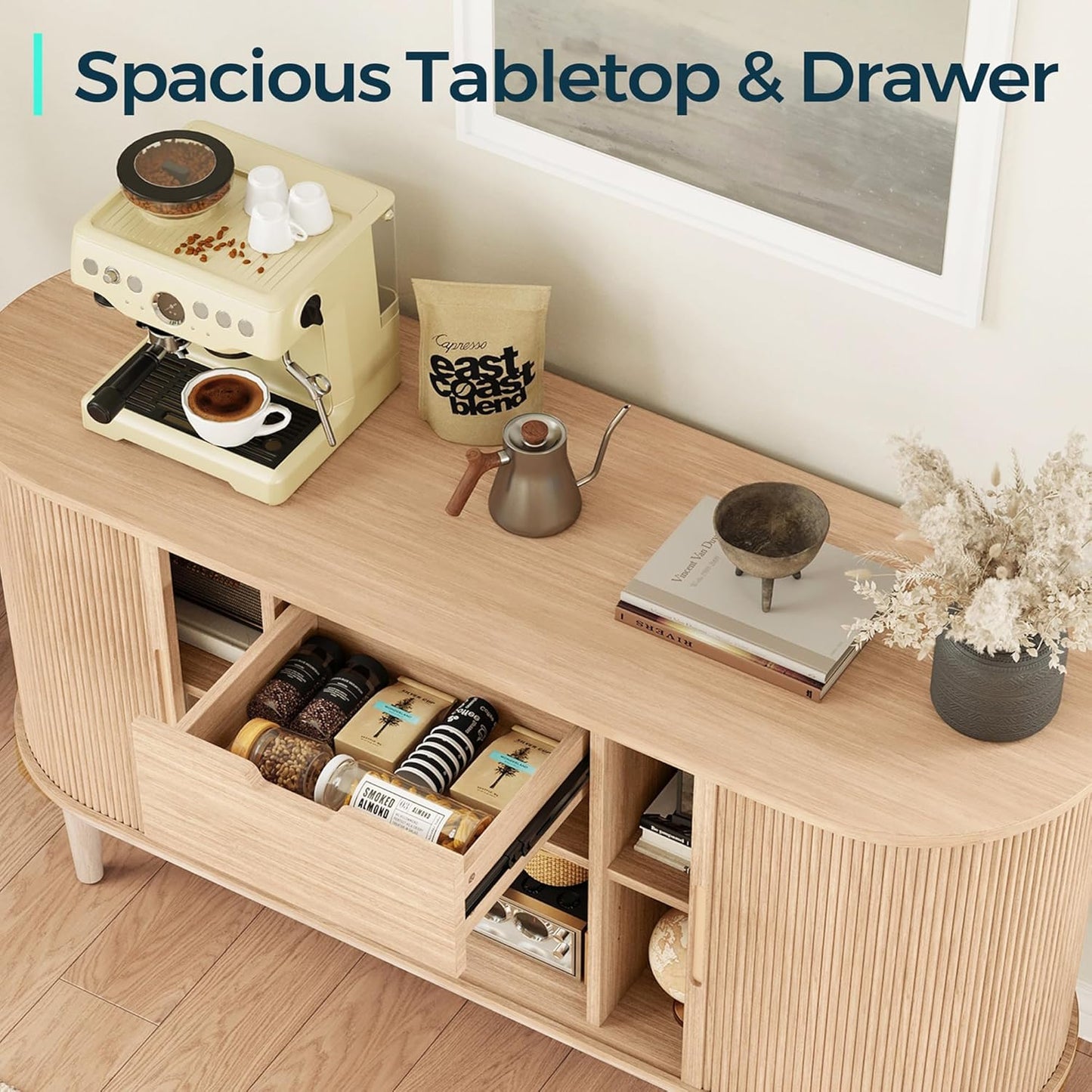 Sideboard Buffet Cabinet with Storage, 55" Fluted Coffee Bar Cabinet with Tambour Sliding Doors and Drawer, Mid Century Modern Wood Storage Buffet Table for Kitchen, Living Room, Oak