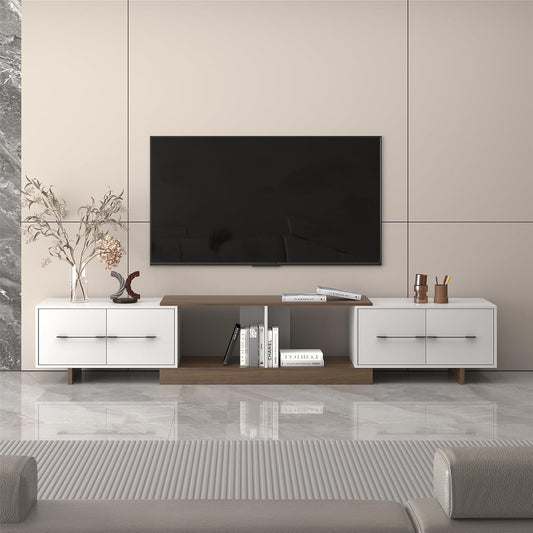 Extendable TV Stand, Modern TV Console for up to 120 Inch TV, Entertainment Center with 4 Large Drawers & Open Shelf, Media Console for Living Room - White & Walnut (Extendable 74.80"-102.36")