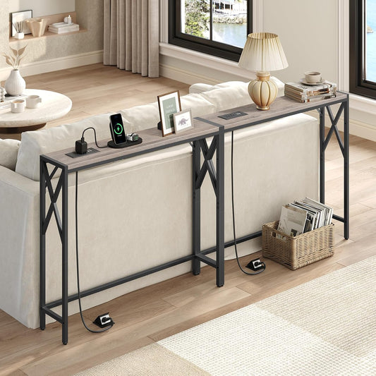70.8'' Narrow Sofa Table with Charging Station, 2 Pack Skinny Console Table, Long Entryway Hallway Couch Table with Power Outlets, Greige CTHG152E01S2