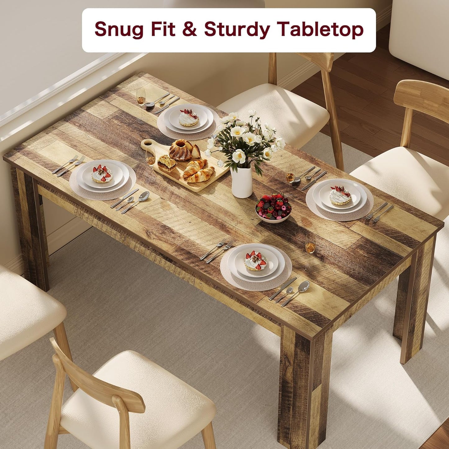 Dining Table for 4-6, 63" Inch Dining Tables for 4, Farmhouse Large Kitchen Dining Table, Rectangular Dining Room Table for Small Space, Wood Dinner Table for Kitchen, Apartment, Rustic Brown