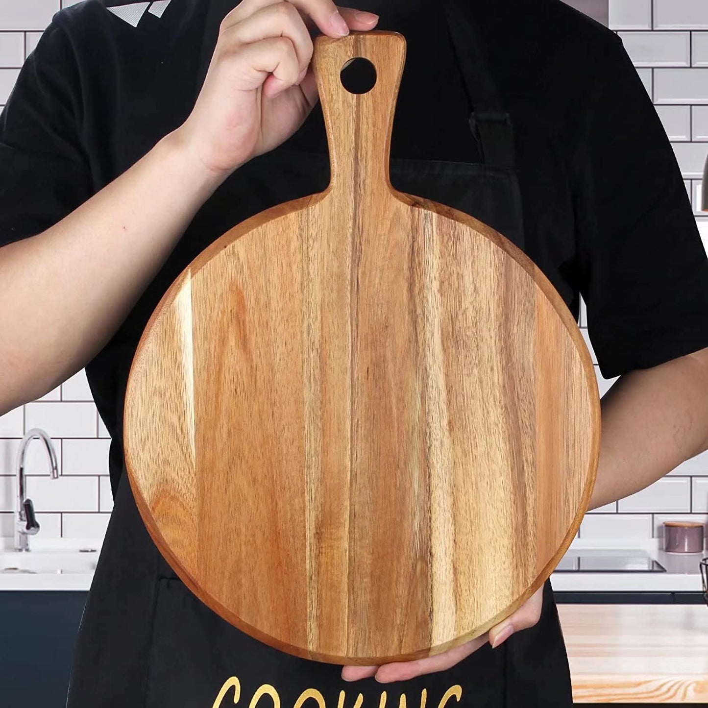 Acacia Wood Cutting Board with Handle Wooden Chopping Board round Cutting Boards for Kitchen Decor Large Charcuterie Board Tray Teak Meat Cheese Board Bread Serving Platter Butcher Block Pizza Board