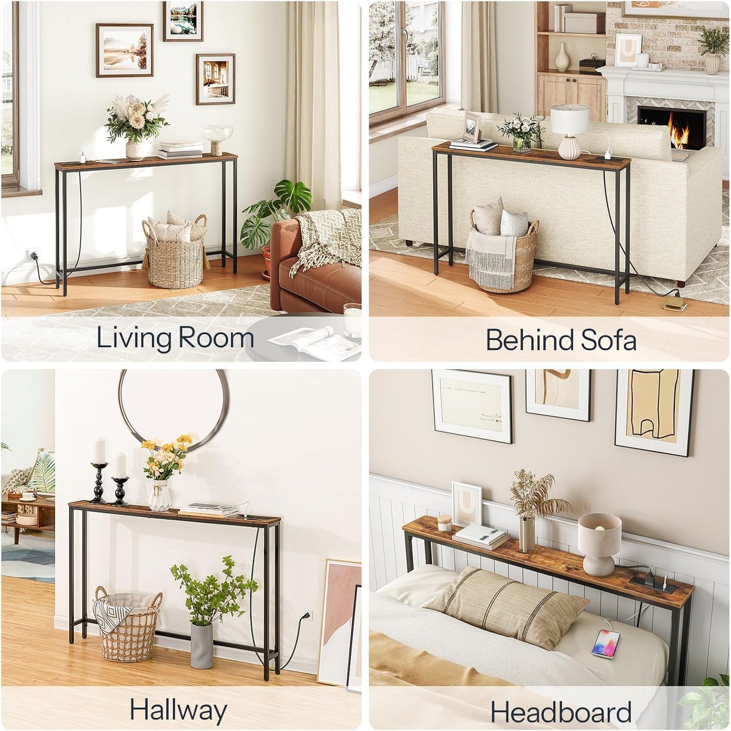 Rustic brown narrow console table with power outlet and charging station, view 9