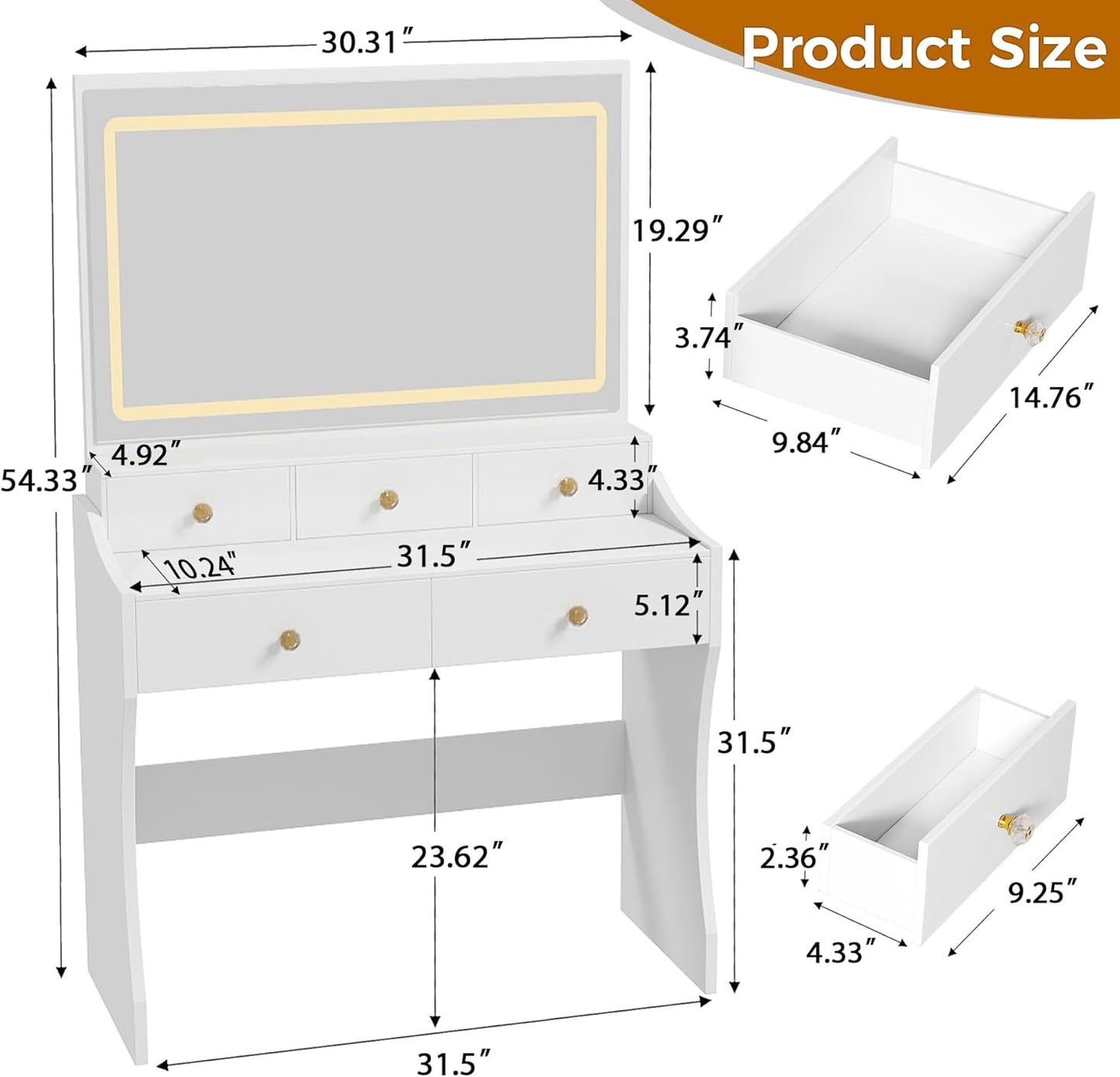 Makeup Vanity Desk with Mirror and Lights, Vanity Table and Chair Set with 5 Drawers and Charging Station, Bedroom Dresser LED Mirror Stepless Dimmable & 3 Color Modes Adjustable, White