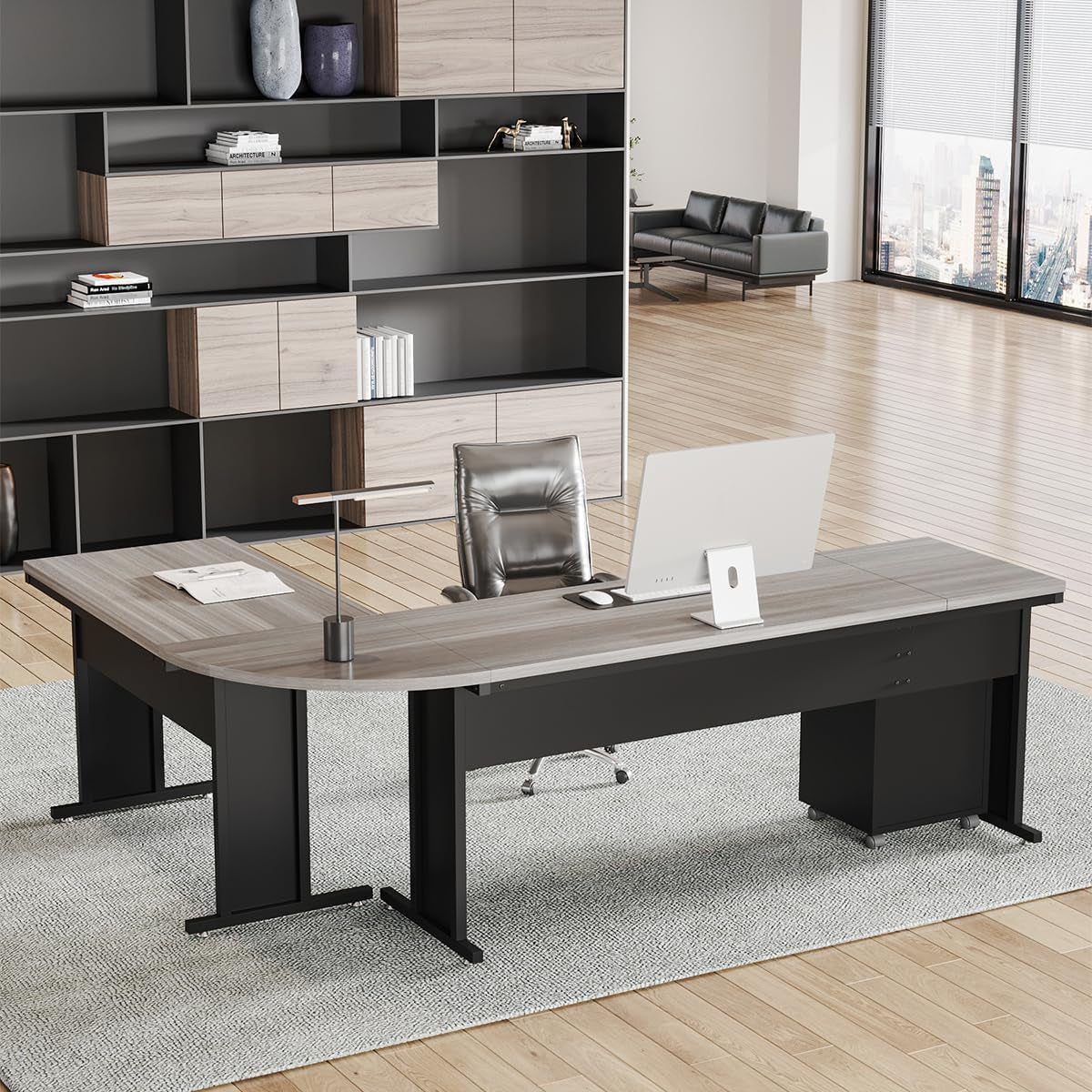 83" L-Shaped Executive Desk, Large Office Desk with Drawes, Industrial Corner Computer Table with File Cabinet, Business Workstation for Home Office (Gray, 83")