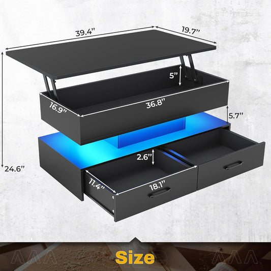 40" Lift Top Coffee Table, Coffee Tables with Storage for Living Room, Small Coffee Table with 2 Drawers & LED Light for Dining Reception Room, Black