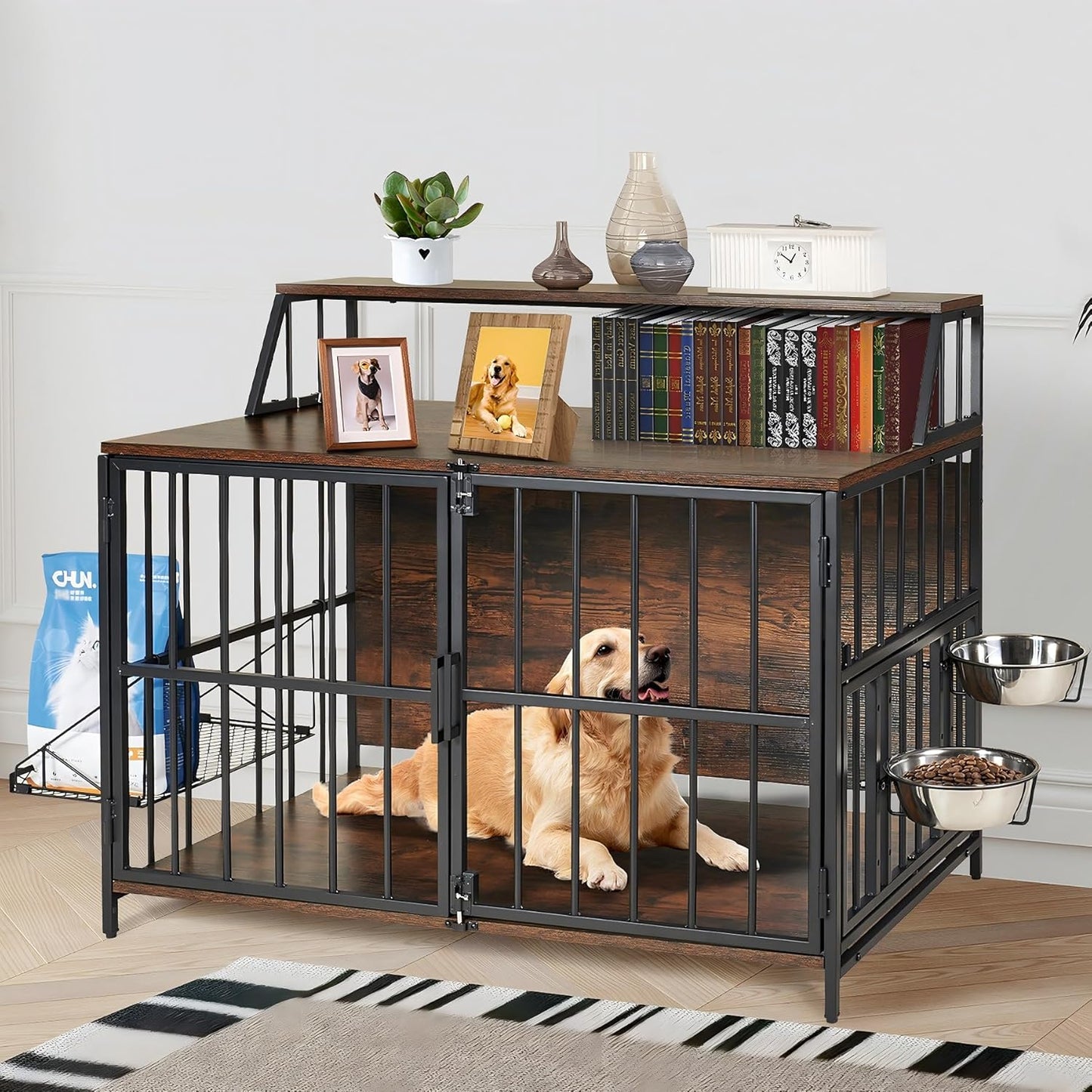 Heavy Duty Dog Crate Furniture - 40” Large Dog Kennel Furniture with Elevated Stainless Steel Bowls, Wooden Dog Crate with Storage, Brown Dog Crates for Small Medium Dogs