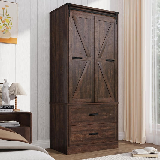 Farmhouse 2 Doors Armoire Wardrobe Closet W/Folding Sliding Barn Door and Lights, LED Armoire Closet W/Drawers for Bedroom, Freestanding Wooden Wardrobe Storage Closet W/Hanging Rod,Rustic Brown