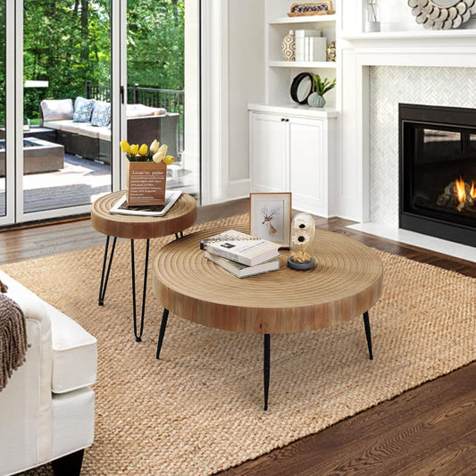 Farmhouse round Coffee Table Set of 2, Cocktail Table Set, Modern Circle Natural Wood Finsh Side and End Table Sets for Living Room(Helical, Natural)