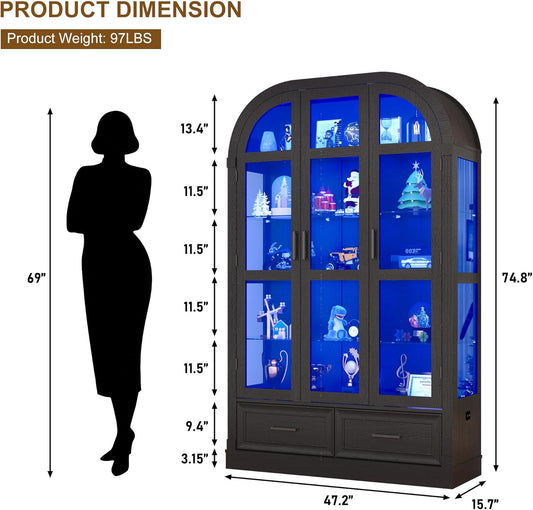 Arched Display Cabinet with 3 Glass Doors,5-Tier Curio Cabinet W/3 Color Lights for Collectibles,78'' Tall Storage Cabinet W/Drawers,Modern Display Case W/Human Body Sensor for Living/Game Room,Black