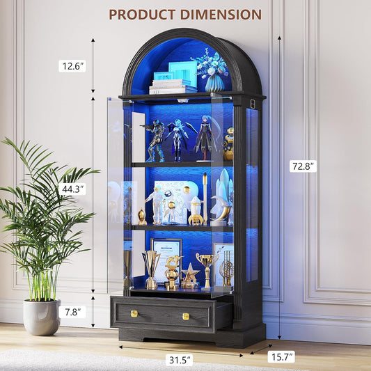 Black Curio Cabinet with Glass Doors, 72" Tall Arched Display Cabinet with Human Sensor Lights, 4-Tier Display Case for Collectibles Bookcase Living Room