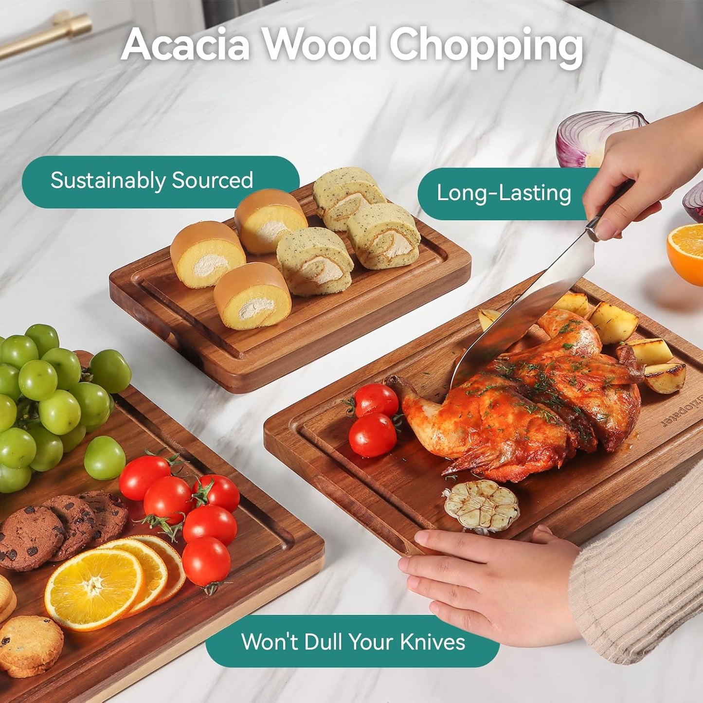 Acacia Wood Cutting Board,Solid Wood Cutting Board for Kitchen with Holder with Deep Juice Grooves & Built-In Handles, Durable Wooden Chopping Board Set of 3 for Meat, Vegetables and Fruits