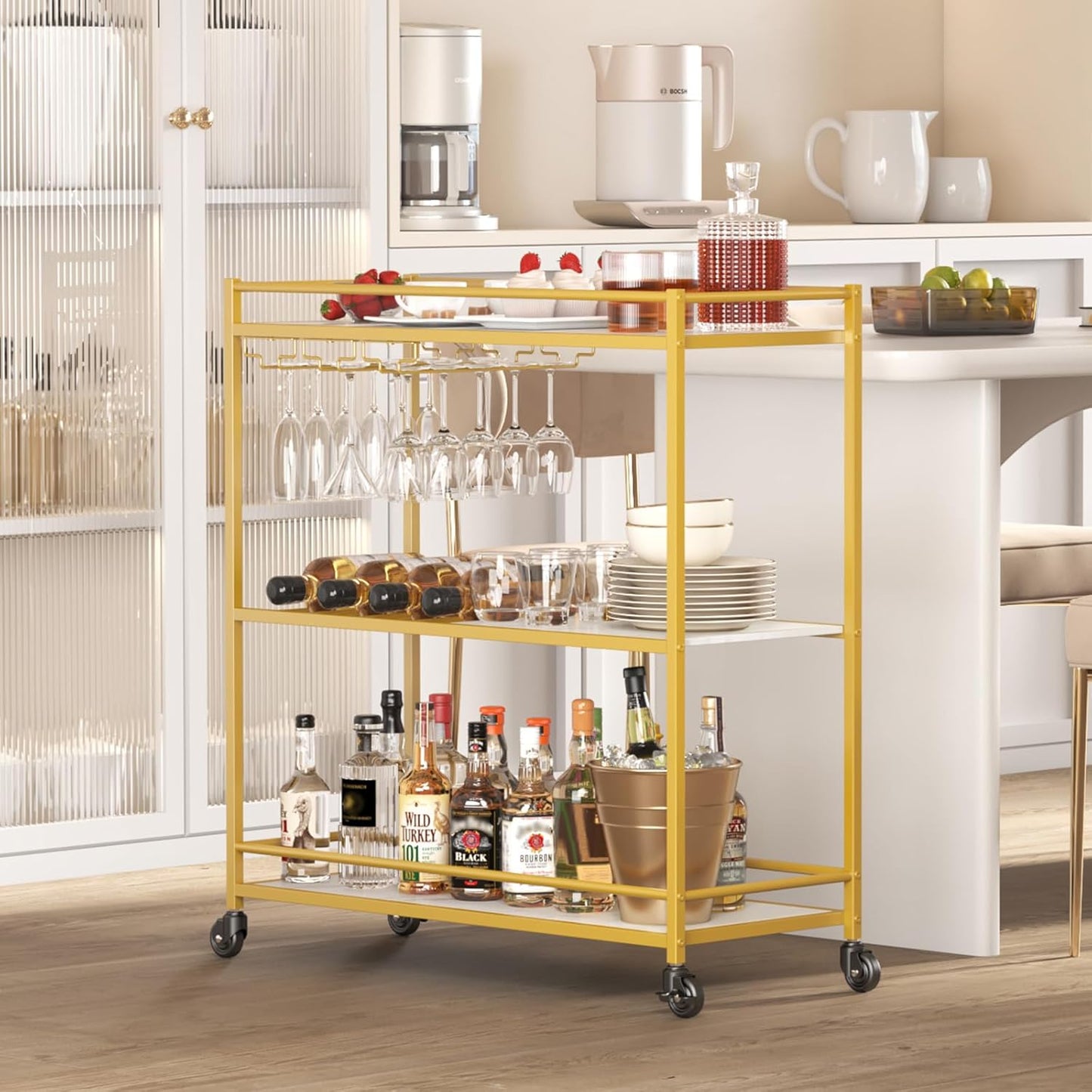 Bar Cart Gold, 3 Tier Wine Rolling Cart with Lockable Wheels, 12 Glass Holders and 4 Wine Rack, Home Serving Drink Liquor Cart for Kitchen Dining Living Room, 31.6" X 13.1" X 33.9", Gold