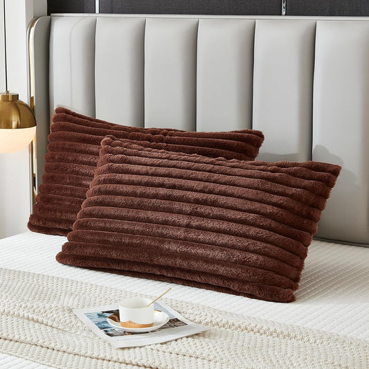 Bed Pillowcase King Set of 2 Striped Faux Rabbit Fur and Velvet Back Rectangle Lumbar Pillow Covers Shams Modern Home Decorative (Coffee, 20 X 36 Inch)
