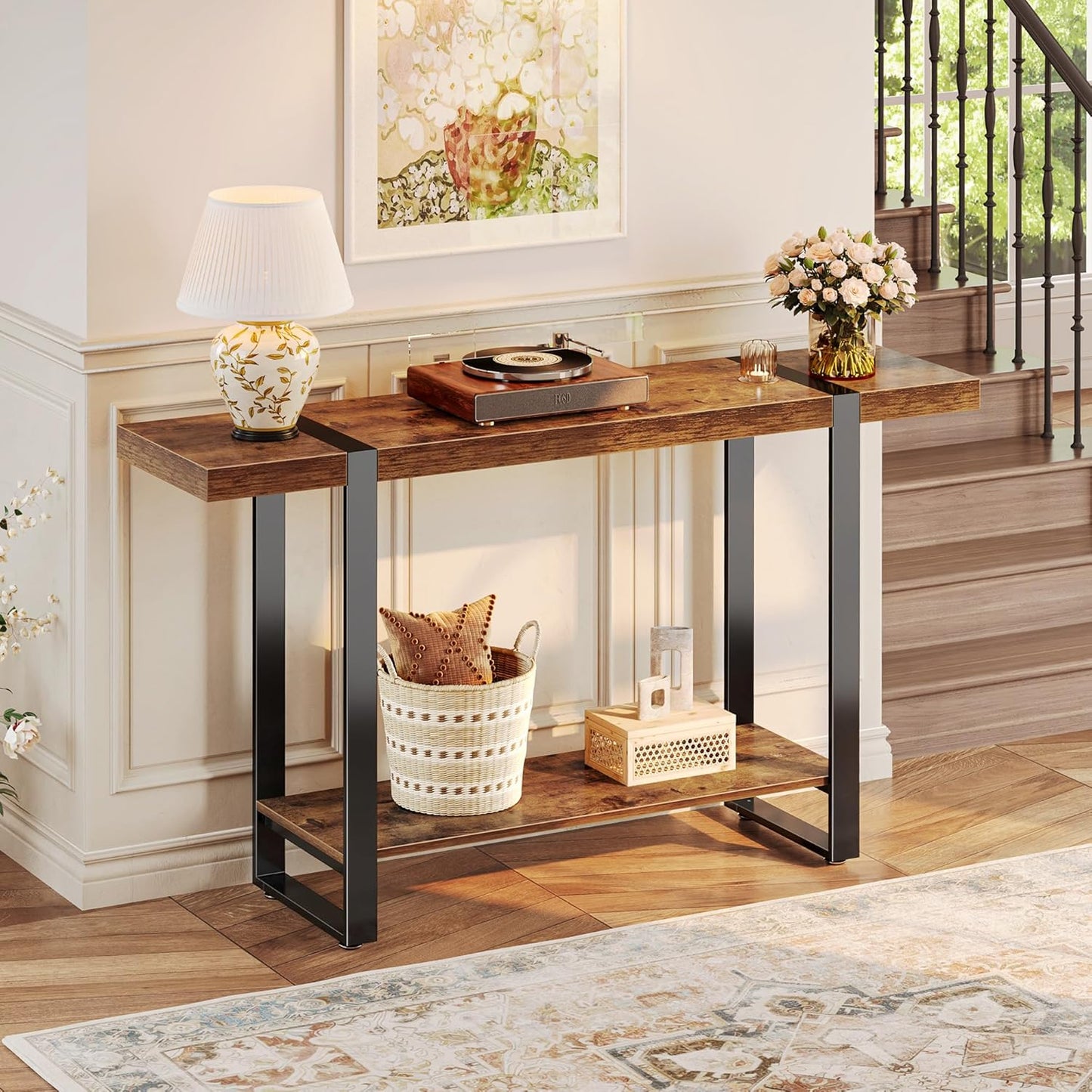 47.2 Inch Entryway Table, 2-Tier Industrial Console Sofa Table, Accent Table with Storage, for Entry, Hallway, Entrance, Foyer, T-Shaped Metal Frame, Rustic Brown