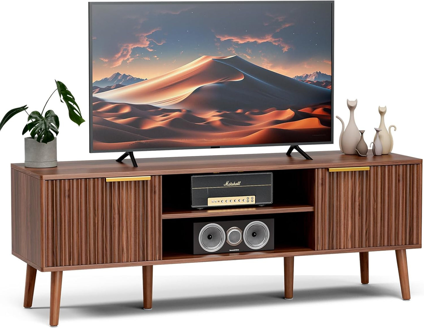 TV Stand for Living Room, Mid Century Modern Entertainment Center for 55/60/65 Inch Tvs, TV Console with Fluted Door Cabinets and Open Shelves, for Bedroom, Walnut