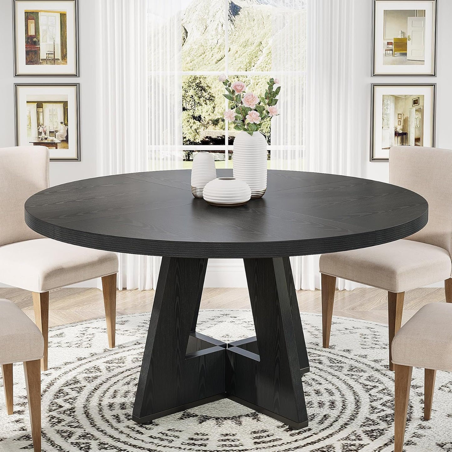 round Dining Table Wood Kitchen Table for Dining Room, 47 in Dinning Room Tables for 4 Man, Farmhouse Dinner Table with Wooden Tabletop and Cross Base, Black