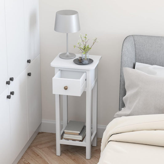 Tall End Table, Narrow Side Table with Drawer and Shelf, Acacia Wood Nightstand for Living Room, 2-Tier Bedside Table for Small Space, No Assembly, White