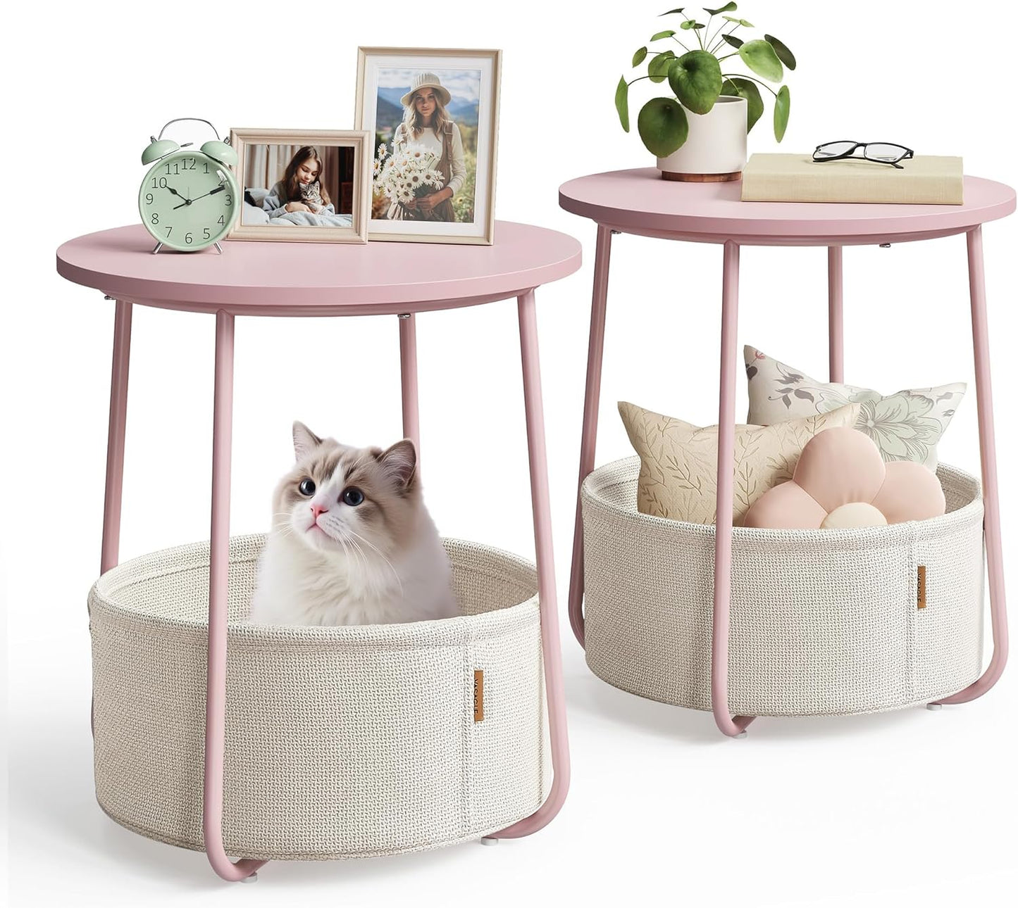 Nightstands, Set of 2 Small round Side Tables with Fabric Basket, Bedside End Tables, for Bedroom, Jelly Pink and Cream White ULCT668R01