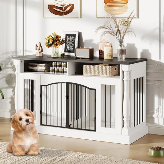 63" Large Dog Crate Furniture for Small & Medium Dogs, Roman Column Kennel Furniture with Semi-Open Storage, TV Stand Dog Cage Table, Heavy Duty Indoor Dog Kennel, White+Black Top