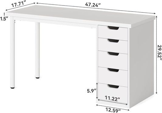 Computer Desk with 5 Drawers, 47 Inch White Modern Simple Study Writing Desk with Metal Frame, Work Desk for Home Office