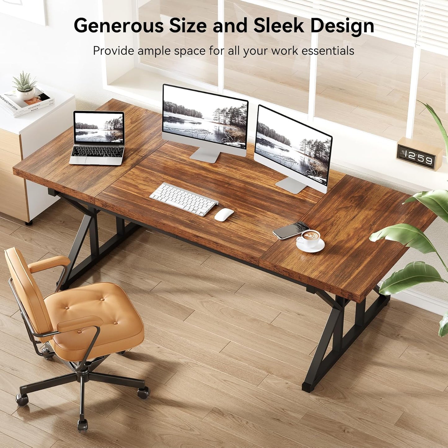 70.8-Inch Office Desk, Wooden Executive Office Desk, Modern Work Desk, Large Farmhouse Writing Table Computer Desk for Home, Brown-Black