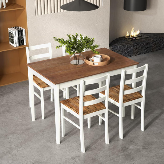 5-Piece Dining Set for 4, Solid Wood Rectangular Table & 4 Chairs Wtih Rubber Wood Legs, Kitchen Table and Chairs Set for Small Spaces Dinette Dining Room Restaurant (Rustic Brown)