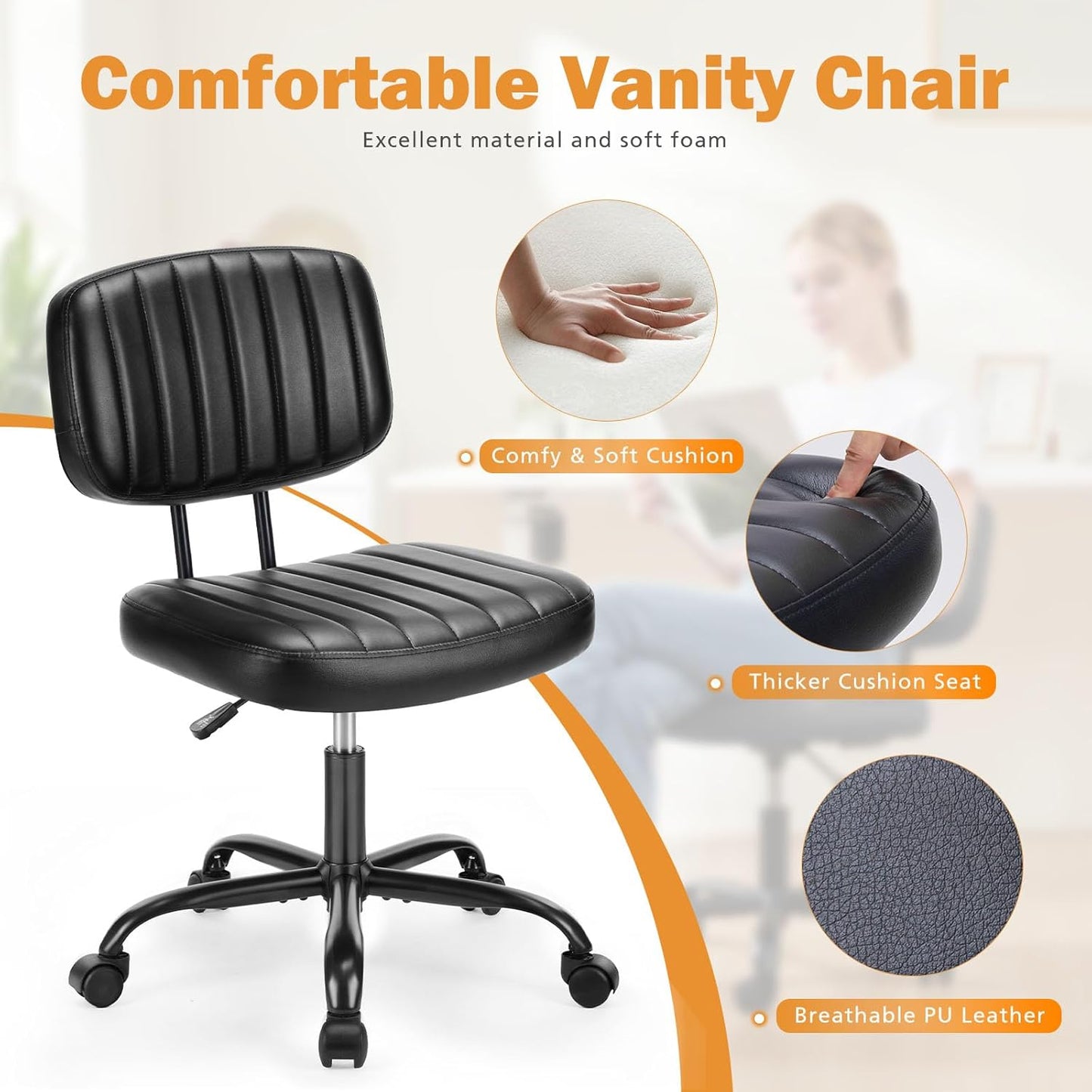 Small Office Desk Chair with Wheels Armless Comfy Computer Chair with Lumbar Support, PU Leather Low Back Adjustable Height 360° Rolling Swivel Task Chair without Arm for Home, Bedroom