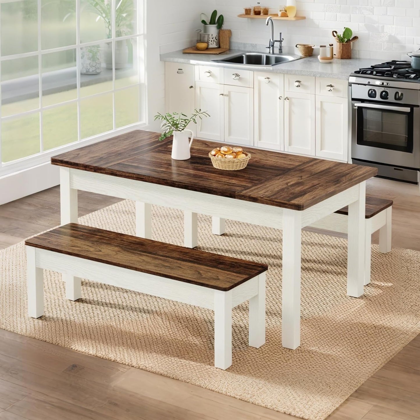 Farmhouse Kitchen Table Set for 4-6, 55-Inch Wooden Dining Table with 2 Benches, Space Saving 3 Pieces Heavy Duty Dinette for Dining Room, Kitchen, Small Space
