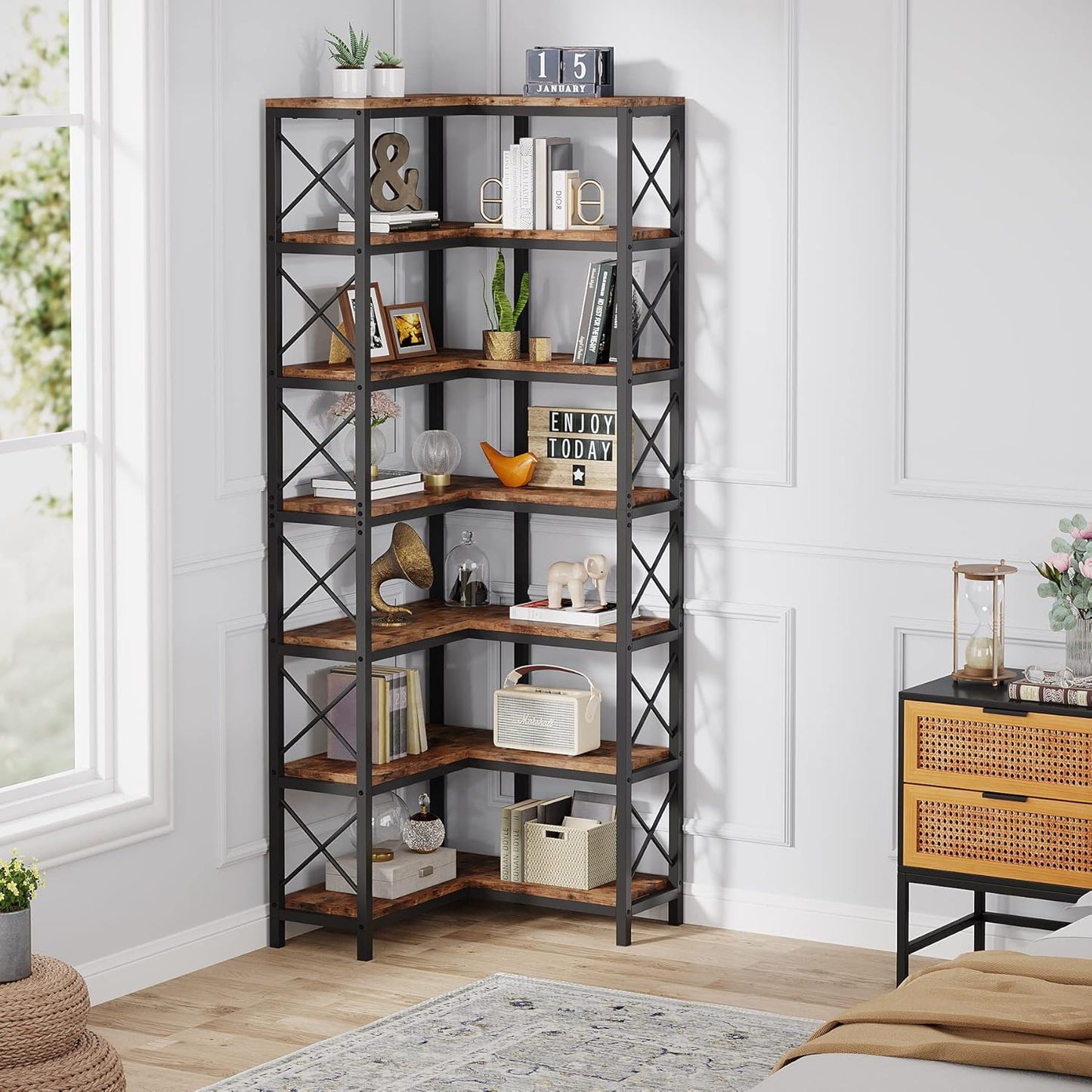 7-Shelf Corner Bookshelf,Large Modern Corner Bookcase, 7-Tier Tall Corner Shelf Storage Display Rack with Metal Frame for Living Room Home Office (Rustic Brown)