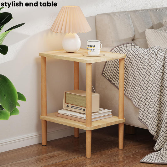 Solid Wood Side Table, 2-Tier Small End Table with Storage Shelf, Narrow Nightstand Bedside Table for Small Spaces, Bedroom, Living Room, Farmhouse, No-Tool Assembly.