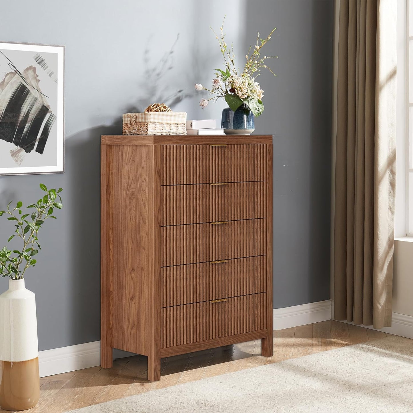 Dresser for Bedroom with 5 Storage Drawers, Storage Dresser Organizer with Wood Top, Nightstand Furniture with Wide Drawer Organizer in Living Room,Closet,Entryway,Hallyway Walnut Oak