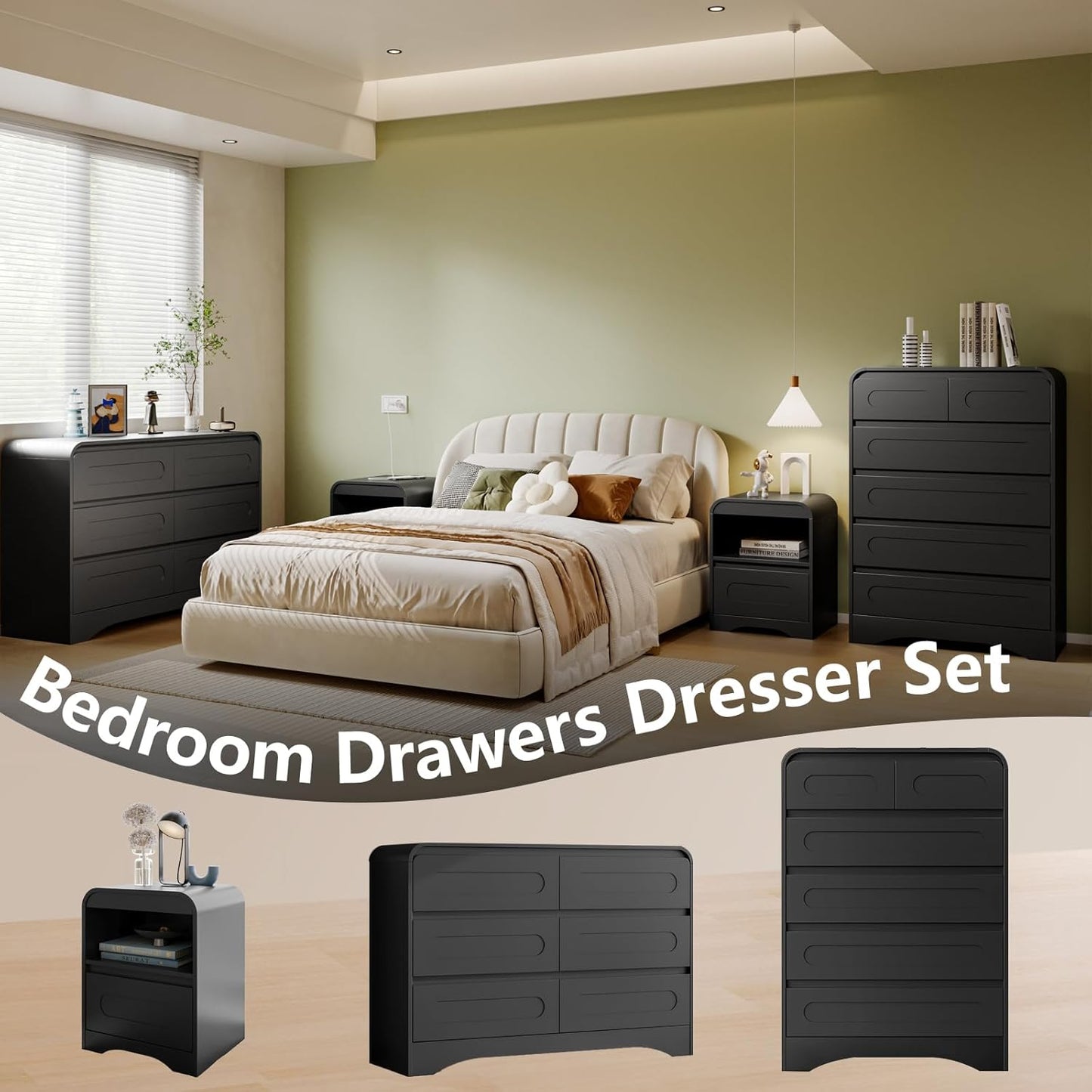 3 Piece Bedroom Set, Dresser and Nightstand Sets for Bedroom, Wood 6 Drawer Dresser & Night Stand Set of 2, Wide Chest of Drawers Modern Storage Cabinet Bedroom Furniture Set, Black