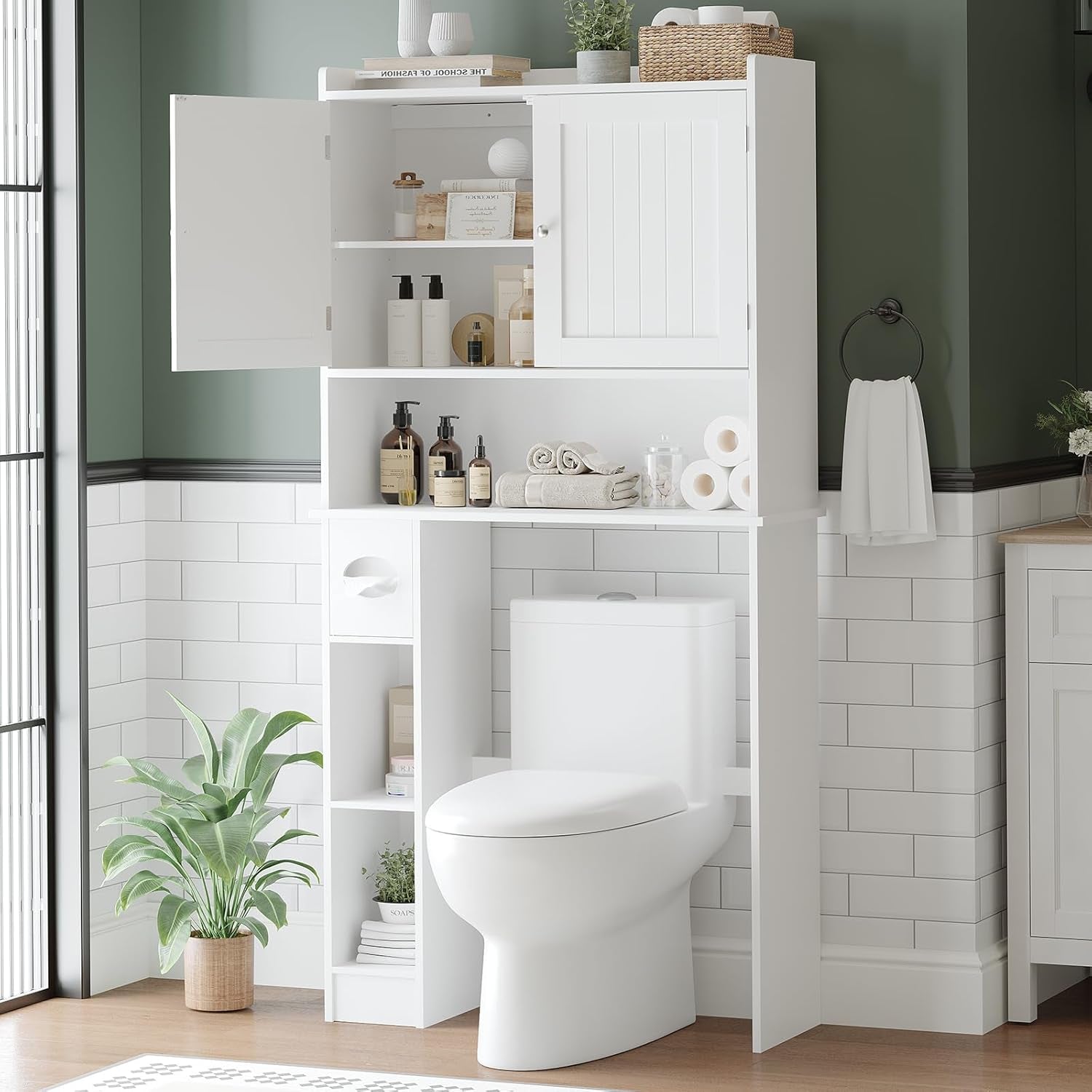 Over-The-Toilet Storage Cabinet, Bathroom Organizer with Double Doors, Adjustable Shelves, Space-Saving Toilet Shelf for Small Bathrooms, White, Freestanding Design