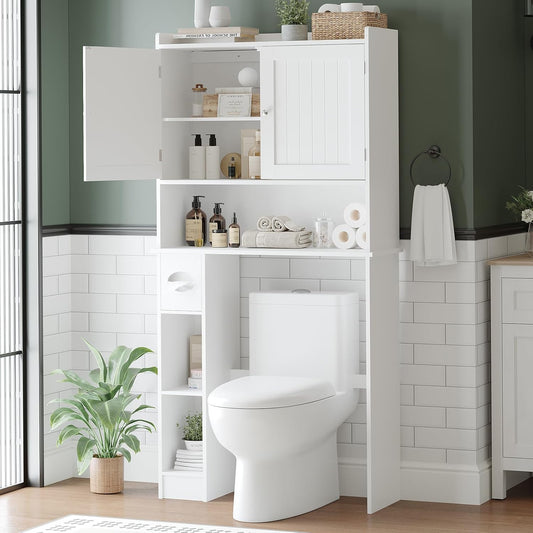 Over-The-Toilet Storage Cabinet, Bathroom Organizer with Double Doors, Adjustable Shelves, Space-Saving Toilet Shelf for Small Bathrooms, White, Freestanding Design