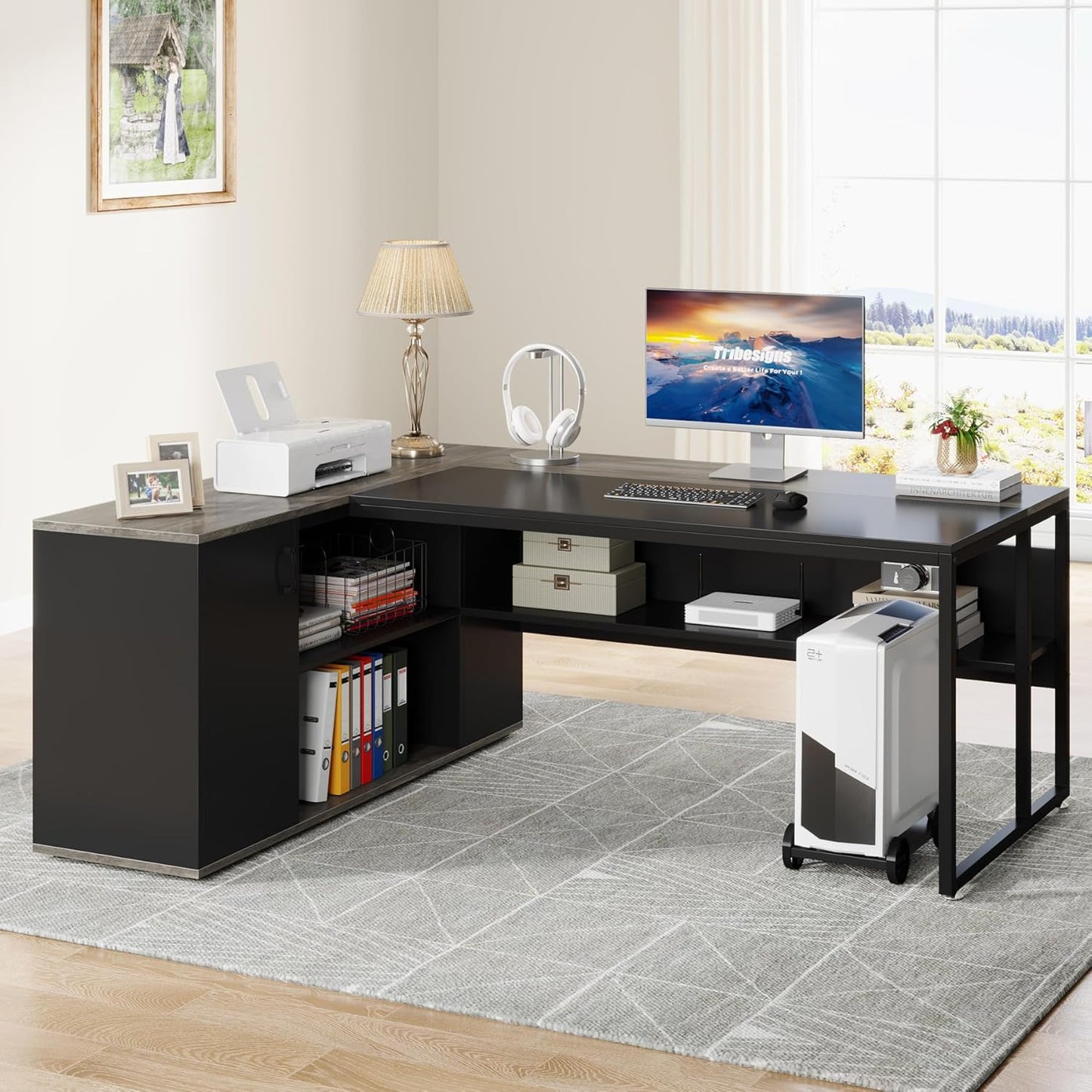 71 Inch Executive Desk, L Shaped Desk with Cabinet Storage, Executive Office Table with Shelves, Business Furniture Set Workstation for Home Office, Gray