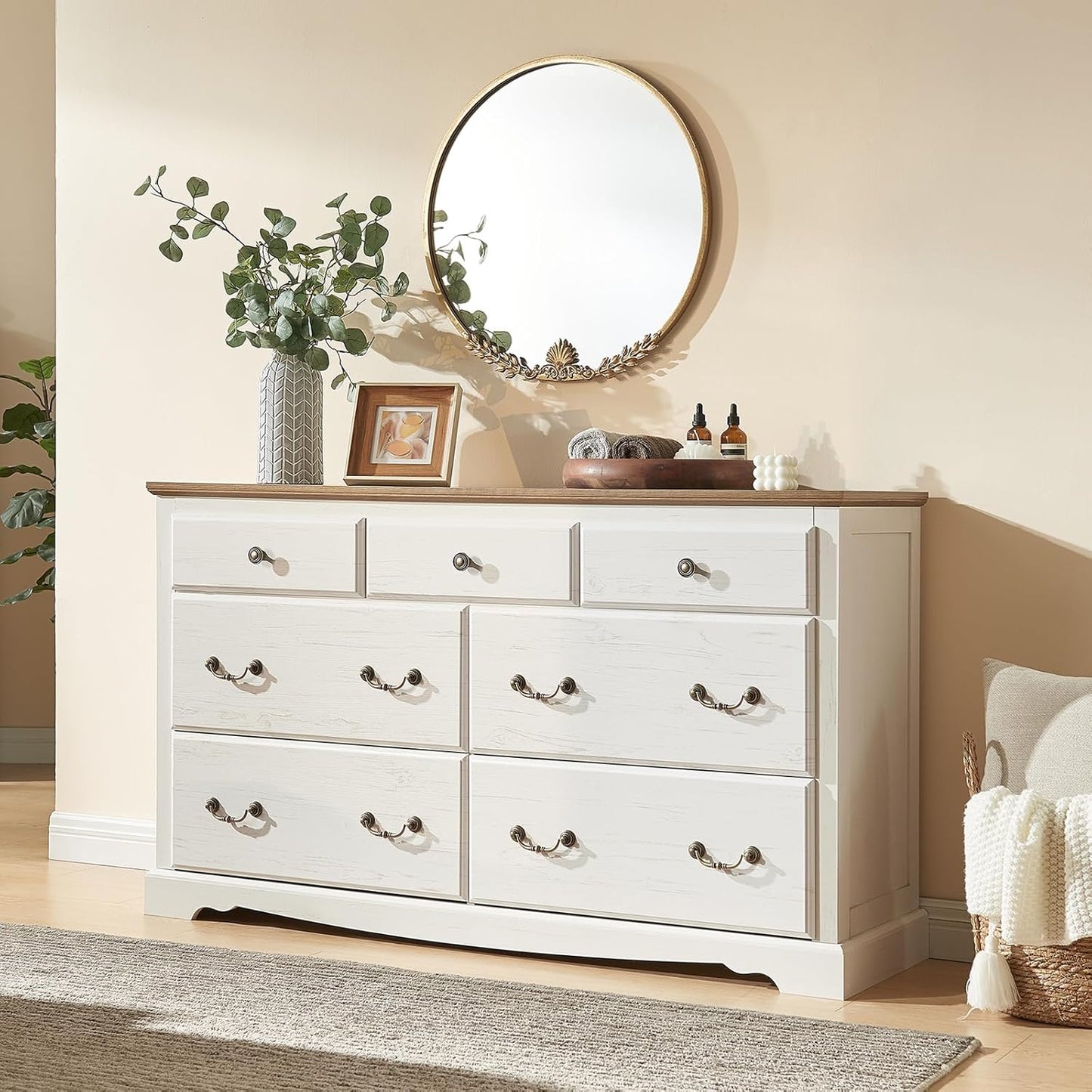 Farmhouse 3 Pieces Bedroom Sets, Include 54" Wide 7 Drawers Dresser, Nightstand Set of 2 with Charging Station, Rustic Retro Bedroom Furniture Set, White