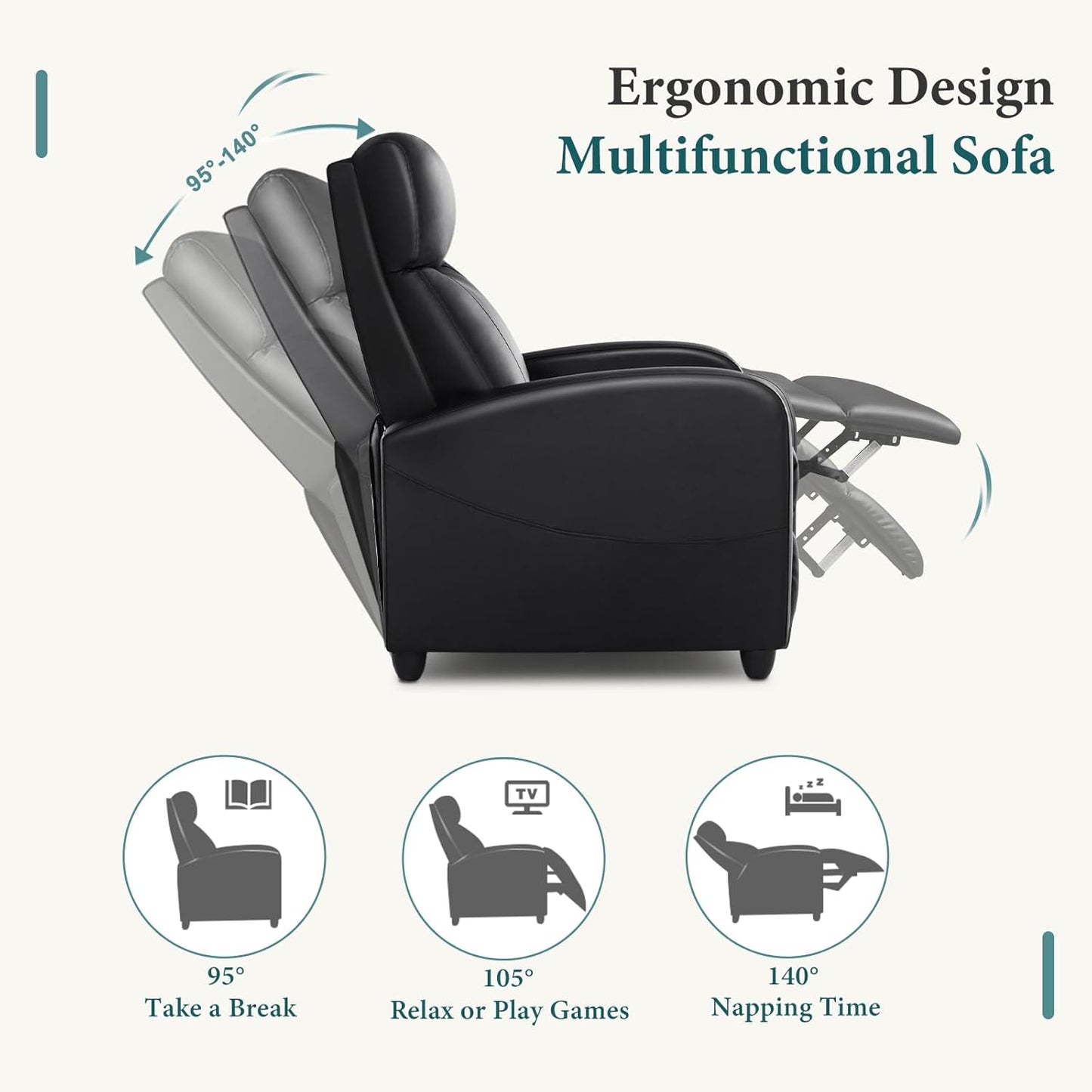 Recliner Chair for Living Room, Leather Home Theater Seating with Lumbar Support with Adjustable Backrest and Footrest, Modern Living Room Furniture with Padded Seat Backrest, Black