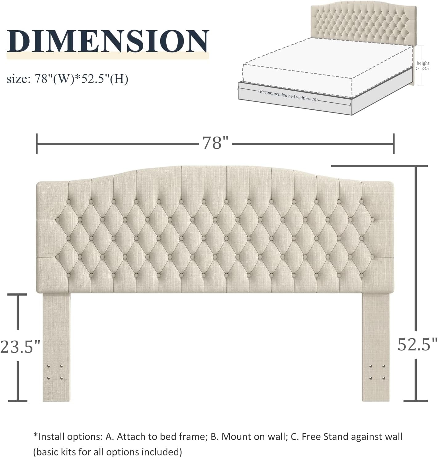 King Headboard Only, Upholstered Headboard King Size for Adjustable Bed Linen Tufted Wall Mounted Head Board with Solid Wood Legs, Ivory