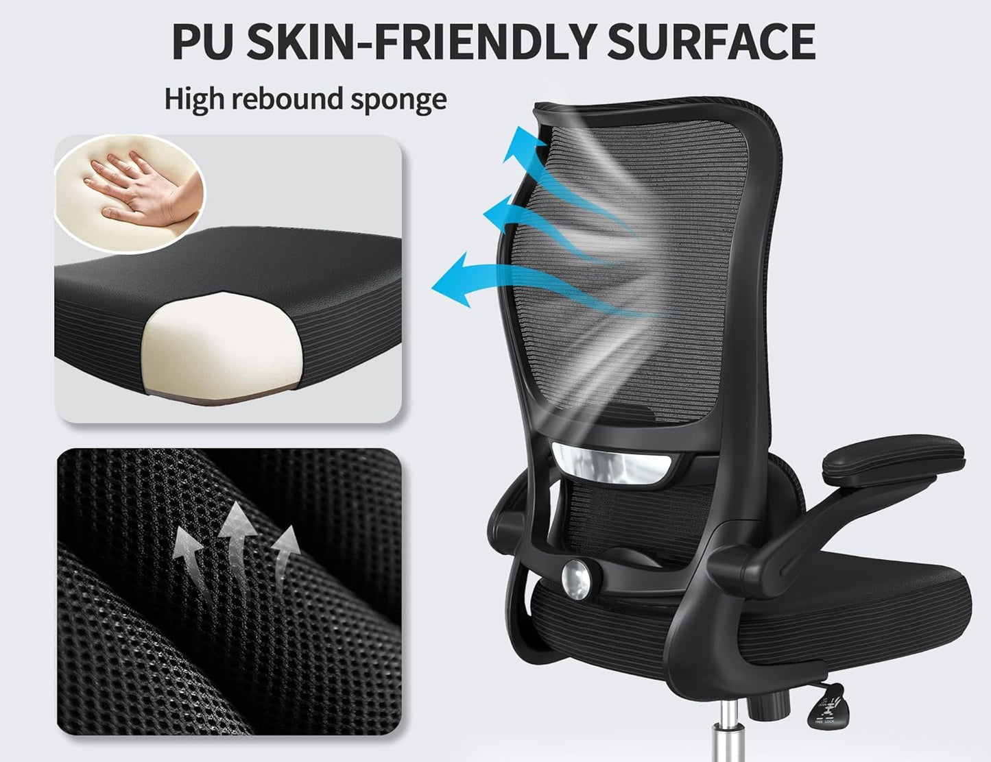 Ergonomic Office Chair - Desk Chair with Wave High Back Adjustable Lumbar Support Computer Chair - Gaming Chairs Mesh Backrest and PU Leather Seat for Home Reading Chairs to Adults(Black)