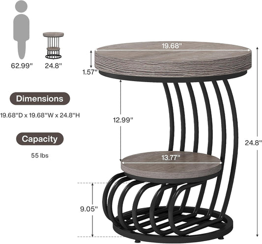 round End Table, 2-Tier Farmhose Wood Side Table with Shelf Storage, Small Sofa Side Bedside Nightstand, Arc-Shaped Frame Accent Furniture for Living Room, Grey