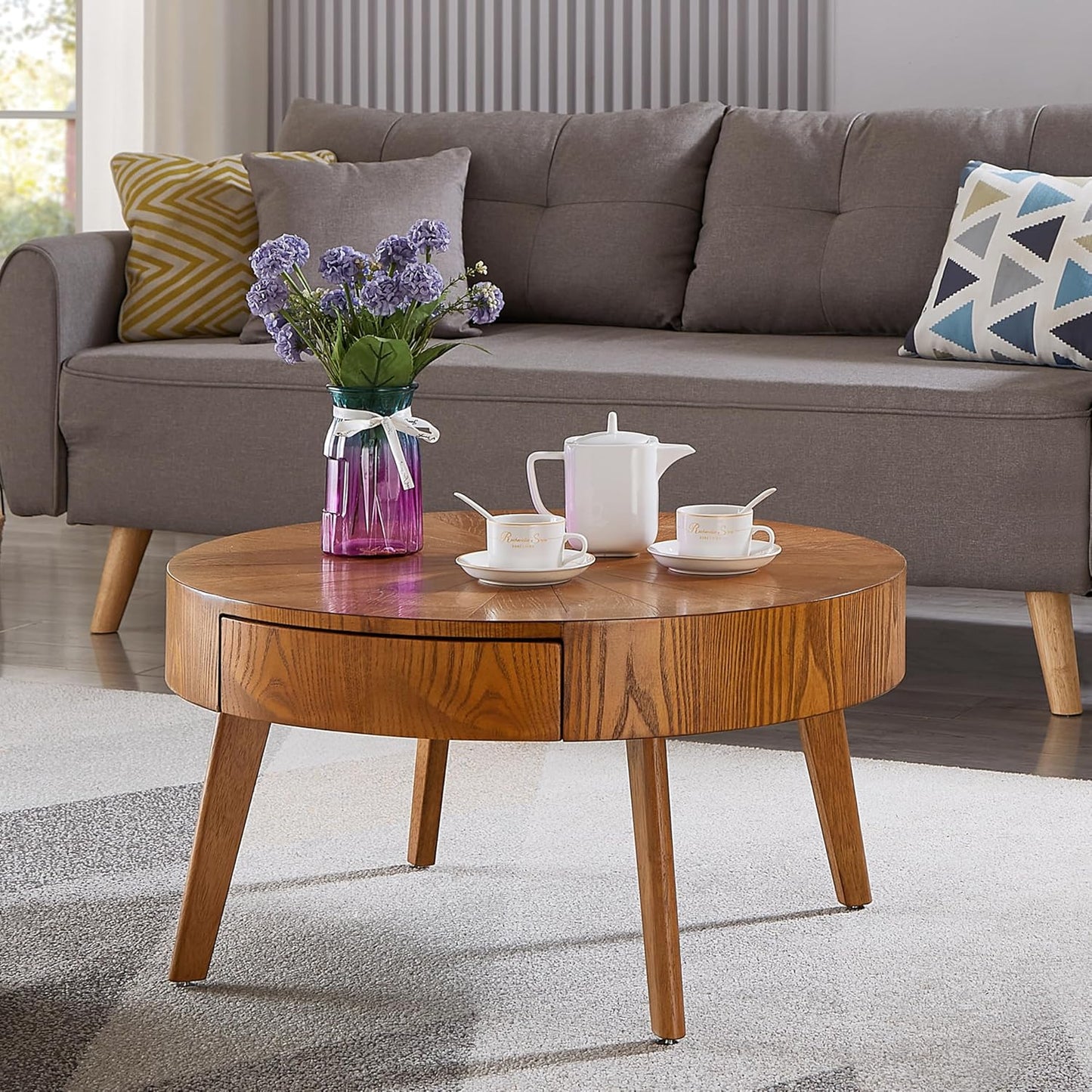 Round Wood Coffee Table for Living Room, Modern Farmhouse Table with Drawer, Wooden Circle Coffee Table, 29.14" L X 29.14" W X 15.87" H