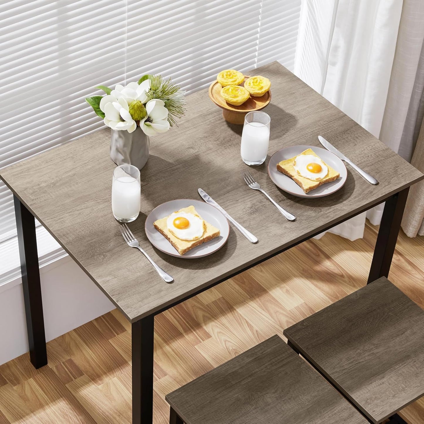 3 Piece Dining Table Set - Kitchen Table & Chair Sets for 2 - Compact Table W/ 2 Stools & Space Saving Design for Dining Room Living Room Kitchen, Gray